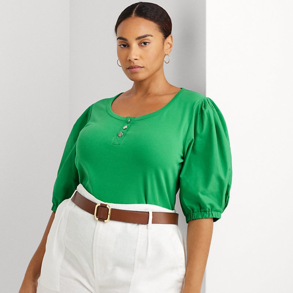 NWT Ralph Lauren Stretch Cotton Puff-Sleeve Henley Tee (Green)